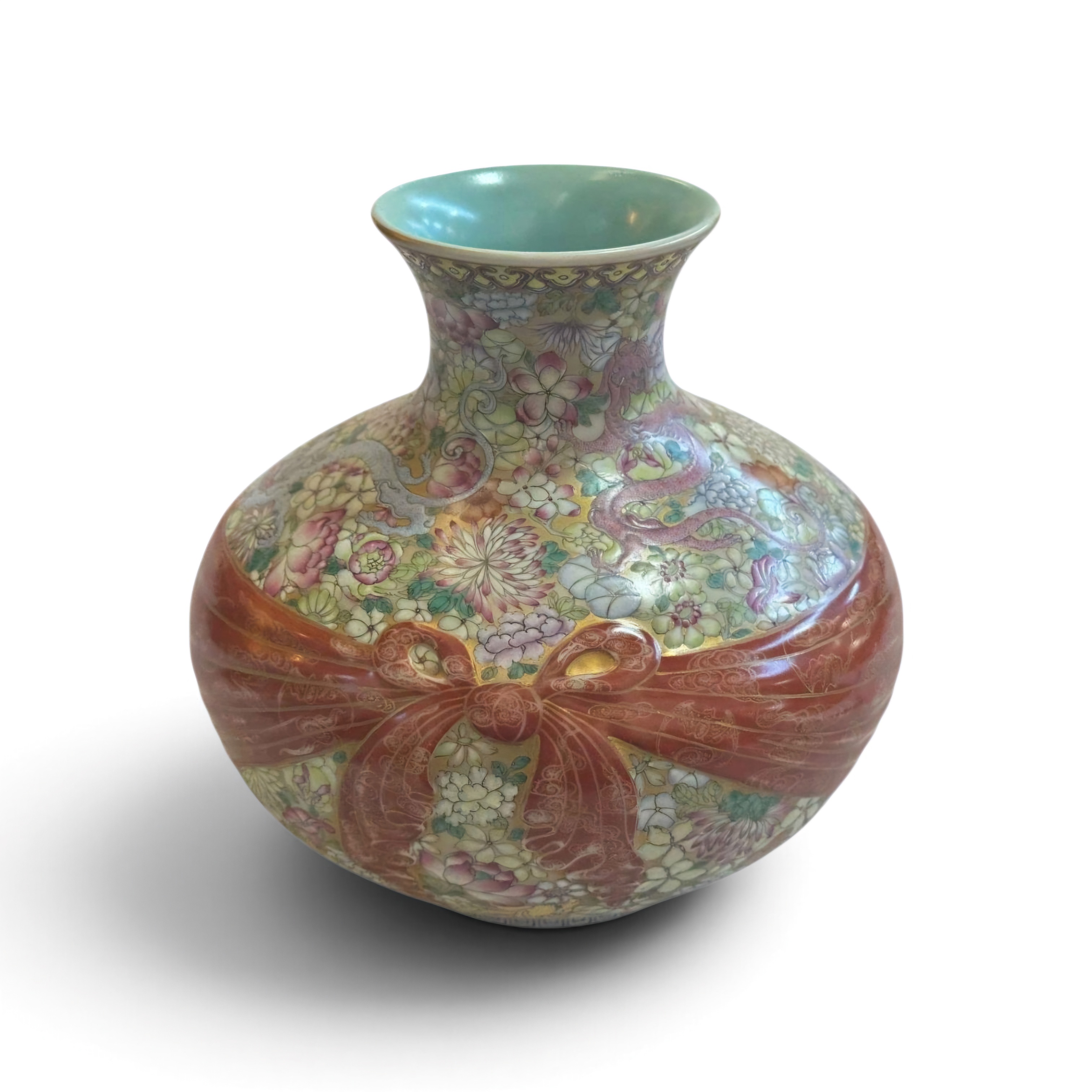 Fine Chinese Millefleurs and Iron-Red Ribbon-Wrapped Vase with Dual Dragons, Late Qing to Early Republic Period, Circa 1900